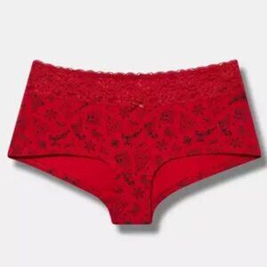 Torrid - Cotton Mid-Rise Lace Trim Boyshort Panty in Holiday Icons, Jester Red